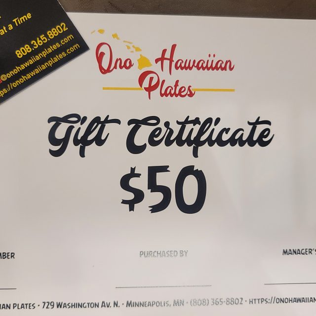 Ono Hawaiian Plates $50 Gift Certificate
